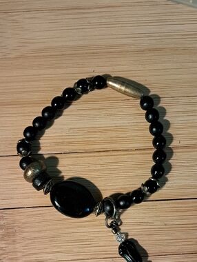 Black Beaded Charm Bracelet with Brass Accents